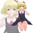  1girl barefoot blonde_hair fangs feet female fingersmile foreshortening grin hair_ribbon kuro_suto_sukii looking_at_viewer mouth_pull pink pink_eyes pov_feet ribbon rumia short_hair sitting sketch skirt skirt_set smile soles solo teeth the_embodiment_of_scarlet_devil toes touhou youkai zoom_layer 