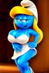  1girl ai_generated big_breasts blonde_hair blue_skin female_focus hat smurfette smurfs the_smurfs white_dress wide_hips 