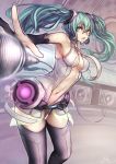  1girl aqua_eyes aqua_hair armpits breasts center_opening evan_yang female girl hatsune_miku hatsune_miku_(append) long_hair microphone navel necktie solo thighhighs twintails vocaloid vocaloid_append 