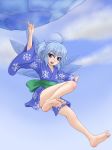  1girl barefoot blue_eyes blue_hair cirno feet female highres japanese_clothes kimono kuro_suto_sukii short_hair short_kimono soles solo toes touhou wings 