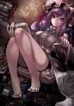  1girl bare_legs barefoot book bow breasts death_is_13 feet female hair_bow hat patchouli_knowledge payot pillow purple_eyes purple_hair sidelocks sitting solo touhou 