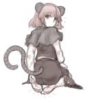  1girl animal_ears barefoot blush capelet feet female flying_sweatdrops kuro_suto_sukii looking_back monochrome mouse_ears mouse_tail nazrin pointing seiza short_hair sitting skirt soles solo tail toes touhou 