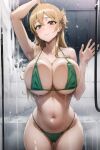 1girl against_glass against_window ai_generated big_breasts bikini breasts_against_glass breasts_against_window breasts_on_glass brown_eyes brown_hair green_bikini green_swimsuit green_swimwear highschool_of_the_dead huge_breasts long_brown_hair long_hair rei_miyamoto shower shower_room showering swimsuit swimwear thick_thighs wet wet_body wet_skin