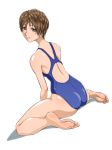  1girl barefoot brown_eyes brown_hair competition_swimsuit feet female highres looking_back one-piece_swimsuit original short_hair sitting smile soles solo swimsuit toes tsutsumi_keisuke 
