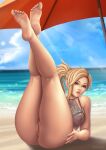  1girl 1girl absurd_res barefoot beach black_lingerie blonde_hair blue_eyes bottomless bottomless_female covered_erect_nipples day female_focus flowerxl hair_ornament high_res legs_up lingerie mercy mercy_(overwatch) nipples nipples_visible_through_bra no_underwear_(female) ocean overwatch parasol pussy sitting solo_focus stockings thong umbrella underwear video_game_character 