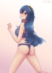 1girl 1girl alluring ass bare_shoulders bikini blue_eyes blue_hair blush breasts fire_emblem fire_emblem_awakening from_behind hairband high_res kneel long_hair looking_at_viewer lucina lucina_(fire_emblem) nintendo open_mouth shiny_skin sideboob smile swimsuit very_long_hair zelc-face