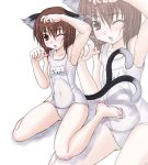  1girl animal_ears armpits barefoot brown_eyes brown_hair cat_ears cat_tail chen feet female flat_chest kneeling kuro_suto_sukii multiple_tails name_tag nipples one-piece_swimsuit one_eye_closed school_swimsuit short_hair solo swimsuit tail touhou wet white_school_swimsuit white_swimsuit wink zoom_layer 