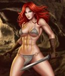 1female 1girl abs artist_logo big_breasts breasts caucasian cave deviantart_username dynamite_comics female female_only flowerxl gloves holding_sword human human_only light-skinned_female long_hair looking_at_viewer medium_breasts micro_bikini muscle muscular_female outside red_hair red_sonja red_sonja_(comics) redhead scalemail_bikini side_view solo solo_female standing sword thighs weapon