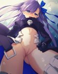 1girl air_bubbles ass belly belly_button blue_eyes blue_ribbon blush breasts bubble clitoris clouds cloudy_sky embarrassed embarrassing fate/extra fate/extra_ccc fate/grand_order fate_(series) hair_ribbon half_naked long_hair long_sleeves looking_at_viewer looking_down meltlilith meltryllis no_panties nude open_mouth purple_hair pussy sea sex small_breasts standing stomach sweat sweatdrop thick_thighs thighs underwater