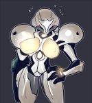  1girl 1girl arm_cannon armor blush breasts crap-man exposed_breasts female_only glowing hand_on_hip metroid nintendo nipples power_suit pussy pussy samus_aran shoulder_pads sweat video_games 
