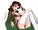  1girl agent_carter breasts crossed_legs_(sitting) female female_only hackman23 handgun holding_weapon marvel military_uniform panties partially_clothed peggy_carter sitting skirt solo stockings unbuttoned uniform upskirt weapon 
