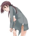  1girl barefoot brown_eyes brown_hair feet gertrud_barkhorn long_hair looking_back no_panties panties panties_around_leg panties_around_one_leg panty_pull pussy shirt soles solo strike_witches uncensored underwear undressing white_panties youkan 