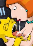  2girls age_difference breasts crossover earrings family_guy hair jewelry lips lipstick lisa_simpson lois_griffin multiple_girls necklace nipples nude open_mouth orange_hair red_lipstick saliva saliva_swap short_hair teeth the_simpsons tongue tongue_out yellow_skin yuri 