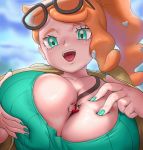 1boy 1girl between_breasts breast_grab breasts female giantess huge_breasts male/female pokemon pokemon_(game) size_difference sonia_(pokemon) victor_(pokemon) 