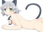  1girl animal_ears ass cat_ears cat_tail flat_chest green_eyes kurappii lying necktie nude on_stomach open_mouth sanya_v_litvyak short_hair silver_hair solo strike_witches tail 
