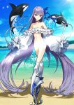 1girl bare_legs bare_shoulders beach blue_eyes blue_hair blue_sky blur_censor censored cloud fate/extra fate/extra_ccc fate/grand_order fate_(series) half_naked long_hair meltlilith meltryllis meltryllis_(swimsuit_lancer)_(fate) no_bra no_panties nude nude_filter orca purple_hair sand sleeveless small_breasts thick_thighs thighhighs thighs type-moon water