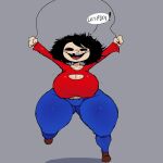  1girl aged_up baldi&#039;s_basics_in_education_and_learning baldis_basics big_breasts black_hair blue_pants brown_shoes cleavage female_only grey_background grin happy jump_rope messy_hair playtime_(baldi&#039;s_basics) red_shirt speech_bubble trz_lettuce 