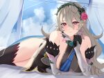  1girl 1girl 1girl absurd_res alluring alternate_costume bare_shoulders bare_thighs bed_sheet black_panties cape corrin_(female)_(fire_emblem) corrin_(fire_emblem) corrin_(fire_emblem)_(female) corrin_(resplendent)_(fire_emblem)_(female) dress elbow_gloves female_only fire_emblem fire_emblem_fates fire_emblem_heroes gloves hair_ornament hairband high_res inner_thighs long_hair looking_at_viewer lying medium_breasts nintendo official_alternate_costume on_bed on_side panties panty_straps peli_cantaro pointy_ears red_eyes see-through sleeveless sleeveless_dress smile stockings thighs thorns underwear white_hair 