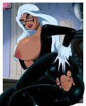  1girl 2023 anus ass ass_grab big_breasts black_cat_(marvel) blue_eyes bodysuit breasts bubble_butt choker domino_mask exposed_anus felicia_hardy female_focus ghostlessm hand_on_ass long_hair looking_at_viewer looking_back marvel marvel_animated_universe marvel_comics nipples open_mouth pussy sideboob skintight_bodysuit spider-man:_the_animated_series spider-man_(series) thick_thighs top_down torn_bodysuit white_hair 