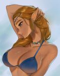  1girl 1girl adjusting_hair alluring big_breasts bikini blonde_hair blue_bikini blue_eyes circlet cleavage closed_mouth commentary high_res jewelry long_hair necklace nintendo pointy_ears princess_zelda simple_background swimsuit the_legend_of_zelda the_legend_of_zelda:_tears_of_the_kingdom tommy_(kingdukeee) upper_body wet 