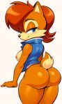 1girl ai_generated ass big_ass blue_eyes breasts furry furry_female nipples nude presenting_hindquarters sally_acorn seductive_smile sega sideboob simple_background smile sonic_the_hedgehog_(series) white_background 