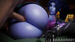  1boy 1girl anal anal_penetration big_breasts big_penis blue_hair bouncing_ass bouncing_breasts brown_eyes bubble_butt moaning overwatch sideways srasoni01 thick_thighs widowmaker widowmaker_(overwatch) 