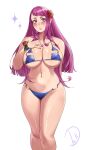  1girl 1girl 1girl :o absurd_res alluring alternate_costume bare_shoulders big_breasts bikini blue_bikini blue_swimsuit blush breasts cleavage deliciousbra deliciousbrain feet_out_of_frame female_only fire_emblem fire_emblem_engage high_res ivy_(fire_emblem) long_hair looking_at_viewer mole mole_under_mouth navel nintendo pink_eyes purple_eyes purple_hair sideboob simple_background skindentation standing stomach swimsuit thighs under_boob very_long_hair white_background 
