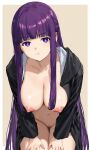 1girl angry big_breasts female_only fern_(sousou_no_frieren) frieren_beyond_journey&#039;s_end jacket long_hair looking_at_viewer nekom14 nipples no_bra no_panties open_jacket pout purple_eyes purple_hair pussy sousou_no_frieren