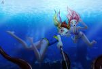  2girls anime breasts bubble cleavage commission duo duo_female female fish fluttershy fluttershy_(mlp) friendship_is_magic grin hasbro human humanized mauroz my_little_pony ocean octopus open_mouth open_smile rainbow_dash rainbow_dash_(mlp) seaweed selfie_stick selfpic sunlight swimming tentacle underwater water 