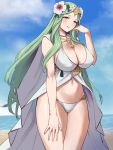  1girl alluring alternate_costume beach big_breasts bikini blue_sky cleavage cloak closed_mouth cloud cowboy_shot curvy day female_only fire_emblem fire_emblem:_three_houses fire_emblem_heroes flower gold_necklace green_eyes green_hair hair_flower hair_ornament hand_up head_wreath high_res jewelry long_hair looking_at_viewer navel necklace nintendo ocean official_alternate_costume outside oyasu3755 rhea_(fire_emblem) rhea_(summer)_(fire_emblem) sky smile stomach swimsuit very_long_hair white_bikini white_cloak white_swimsuit yamamori_kinako 