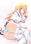 1girl ass blonde_hair blush breasts cameltoe charlotte_dunois female infinite_stratos long_hair lying on_side panties pants_down pants_pull partially_visible_vulva purple_eyes ruschuto school_uniform solo striped striped_panties underwear uniform 