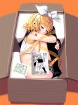  1girl ass bare_shoulders belt bikini blonde_hair box butt_crack censored closed_eyes convenient_censoring detached_sleeves female fetal_position folded girl_in_a_box hair hair_ornament hair_ribbon hairclip in_box in_container kagamine_rin leg_hug leg_warmers lying masao on_side open_clothes open_shirt ribbon sailor_collar shirt short_hair shorts shorts_pull side-tie_bikini sleeping solo swimsuit text translation_request vocaloid 