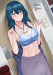  1girl 1girl 1girl alluring bare_arms bare_midriff bare_shoulders big_breasts blue_eyes bra byleth_(fire_emblem) byleth_(fire_emblem)_(female) cleavage collarbone female_only fire_emblem fire_emblem:_three_houses id_card indoors looking_at_viewer medium_hair midriff navel office office_lady shoulders skirt smile teal_hair winter_kitsune_(wkitsune) 
