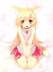  1girl akane_(naomi) animal_ears bad_id bare_legs bare_shoulders barefoot between_legs between_thighs blonde_hair blush female fox_ears fox_tail hand_between_legs long_hair looking_at_viewer naomi_(sekai_no_hate_no_kissaten) open_mouth original red_eyes sitting skirt solo tail thighs v_arms wariza 