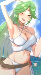  1boy 1girl absurd_res alluring arm_up bikini blue_sky blush collarbone green_eyes green_hair haruka_f4l high_res kid_icarus kid_icarus_uprising long_hair navel nintendo one_eye_closed open_mouth outside palutena pit_(kid_icarus) sky smile solo_focus sparkle starfish swimsuit very_long_hair 