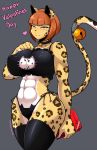  1girl :3 abs absurd_res anthro bangs bell bell_collar big_breasts blush breasts cat_lingerie cleavage_cutout clothing collar countershading english_text feline fur furry grey_background grey_body hair half-closed_eyes heart highres huge_breasts kemono legwear leopard lingerie mammal muscular muscular_female nipple_bulge orange_hair raised_tail safurantora short_hair simple_background smile spots stockings straight_hair text thick_thighs tsurime walking white_belly wide_hips yellow_fur 