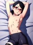 1girl ai_generated arms_behind_head arms_up boruto:_naruto_next_generations cameltoe female_only glasses looking_at_viewer naruto on_back sarada_uchiha small_breasts topless