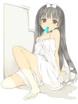  1girl arm_support bare_shoulders barefoot black_eyes black_hair bow copyright_request dress feet female hair_bow kurasuke leaning_back long_hair looking_at_viewer mouth_hold popsicle sitting solo sweat toes very_long_hair white_dress 