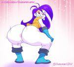 1girl anus ass chickpea female_focus female_human female_only footwear gloves handwear headband headwear looking_at_viewer looking_back looking_back_at_viewer mighty_magiswords no_pants pantsless purple_boots purple_gloves purple_hair purple_shoes tongue tongue_out twerk twerking vambre_warrior white_skin yellow_headband 