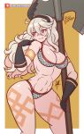 1girl abs alluring amazon_(dragon&#039;s_crown)_(cosplay) athletic_female bare_thighs big_breasts blush chainmail chainmail_bikini cleavage corrin_(fire_emblem) corrin_(fire_emblem)_(female) fangs female_abs female_only fire_emblem fire_emblem_fates fit_female gloves grey_hair leg_tattoo long_hair nintendo pointing pointing_at_self raydango red_eyes tattoo thighs