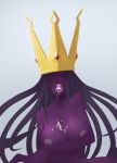  1girl areolae big_breasts breast_hold breasts crown cum cum_in_mouth cum_on_body cum_on_breasts cum_on_tongue cum_on_upper_body facial highres jiffic large_breasts lips lipstick long_hair makeup nipples no_eyes nude open_mouth paper_mario purple_hair queen shadow_queen solo super_mario_bros. 
