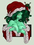 artist_request big_breasts breasts_out_of_clothes breasts_outside christmas_hat christmas_outfit fangs green_hair green_nipples green_skin imric1251_(artist) looking_at_viewer medusa mythological_creature mythology nipple_slip nipples open_clothes smile snake_hair snakes