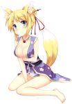  1girl ?? animal_ears bad_id barefoot blonde_hair blue_eyes blush breasts cleavage dog_days female fox_ears fox_tail hair hair_ornament hair_stick kneeling looking_at_viewer necklace plain_background sea_(lordofk) short_hair simple_background sitting smile solo tail wariza white_background yukikaze_panettone zen_o 