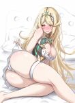 1girl :d alluring ass bed big_breasts blonde_hair blush circlet clothes_lift core_crystal_(xenoblade) dress female_only heart heart-shaped_pupils high_res kneepits long_hair looking_at_viewer mythra nintendo okazu2010015 open_mouth panties pillow simple_background skirt skirt_lift smile swept_bangs symbol-shaped_pupils thigh_strap underwear very_long_hair white_background white_dress white_panties xenoblade_(series) xenoblade_chronicles_2 yellow_eyes