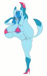 1girl big_ass big_breasts bikini blue_hair blue_skin glaceon glasses long_ears luchodraws milf platform_shoes posing seductive tail