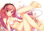  1girl 47agdragon barefoot bikini blush breasts cleavage digital_media_player feet female floral_background flower flowers hand_on_own_chest headphones ipod legs_up long_hair looking_at_viewer lying navel original red_eyes red_hair sarong shiny shiny_skin smile soles solo swimsuit toes white_bikini white_swimsuit 
