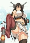  bare_shoulders black_hair blush breasts elbow_gloves feet female fingerless_gloves from_below gloves hair_ornament headgear highres jpeg_artifacts kantai_collection kure_masahiro large_breasts legs long_hair looking_at_viewer nagato_(kantai_collection) navel no_shoes panties personification red_eyes red_legwear skirt soles solo thighhighs toes underwear upskirt white_panties 
