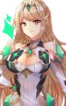  1girl 1girl alluring bare_shoulders blonde_hair brown_eyes cleavage cleavage_cutout closed_mouth clothing_cutout collarbone covered_collarbone dress edamameoka elbow_gloves gloves hand_on_own_hip headpiece high_res long_hair looking_at_viewer medium_breasts mythra_(xenoblade) nintendo simple_background smile sparkle upper_body very_long_hair white_background white_dress white_gloves xenoblade_(series) xenoblade_chronicles_2 