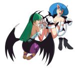 2girls aqua_eyes aqua_hair arm arms art back bare_back bare_shoulders barefoot bat blue_hair blush bondage boots boots_removed breasts capcom cat_ears cat_girl choker claws cleavage clenched_teeth closed_eyes collarbone darkstalkers demon_girl fangs feet felicia_(darkstalkers) female hair hair_between_eyes head_wings hime_cut laugh laughing legs long_hair looking_at_another monster_girl morrigan_aensland multiple_girls naughty_face neck no-pornography open_mouth pantyhose shoes_removed simple_background smile tail tease teasing teeth tickle tickling white_background wings yuri