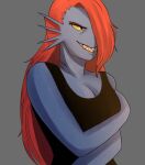  1girl 2d 2d_(artwork) alternate_hairstyle anthro anthro_only arms_under_breasts azurite-draws bad_deviantart_id bad_id black_tank_top black_topwear blue_body blue_skin breasts cleavage clothed clothed_female clothing digital_media_(artwork) ear_fins female_anthro female_only fins fish fish_girl grey_background hair hair_down hair_over_one_eye head_fins long_hair marine monster monster_girl non-mammal_breasts ponytail red_hair red_ponytail sharp_teeth simple_background slit_pupils solo_anthro solo_female tank_top topwear undertale undertale_(series) undyne upper_body video_game_character video_games yellow_sclera yellow_teeth 